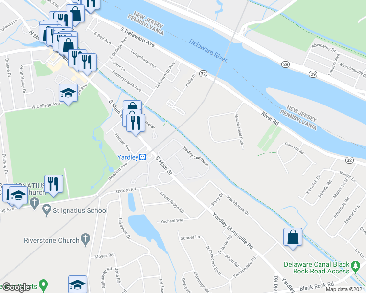 map of restaurants, bars, coffee shops, grocery stores, and more near 1313 Yardley Commons in Yardley