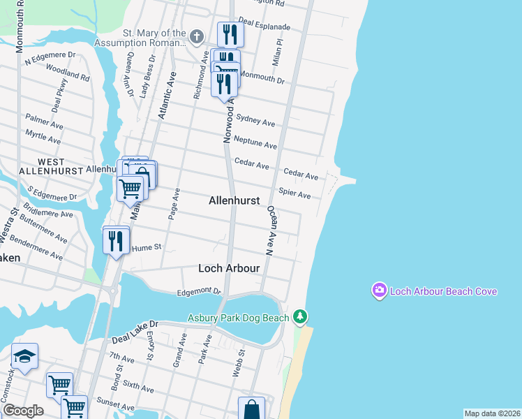 map of restaurants, bars, coffee shops, grocery stores, and more near 116 Corlies Avenue in Allenhurst