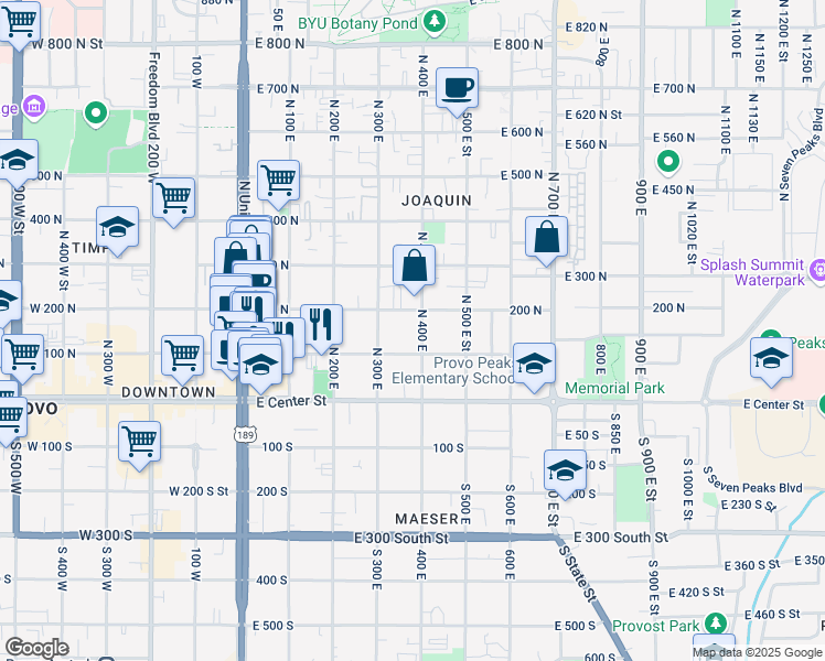 map of restaurants, bars, coffee shops, grocery stores, and more near 356 200 North in Provo
