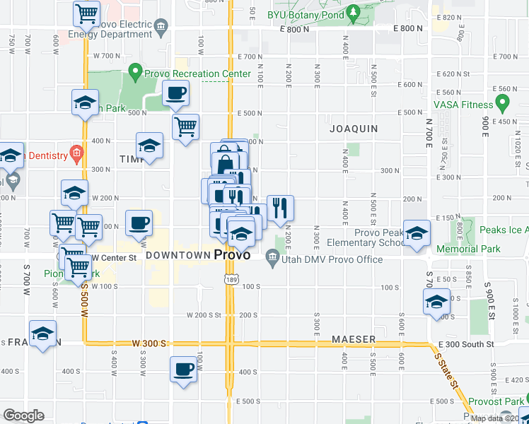 map of restaurants, bars, coffee shops, grocery stores, and more near 145 North 100 East in Provo