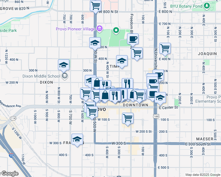 map of restaurants, bars, coffee shops, grocery stores, and more near 166 North 400 West Street in Provo