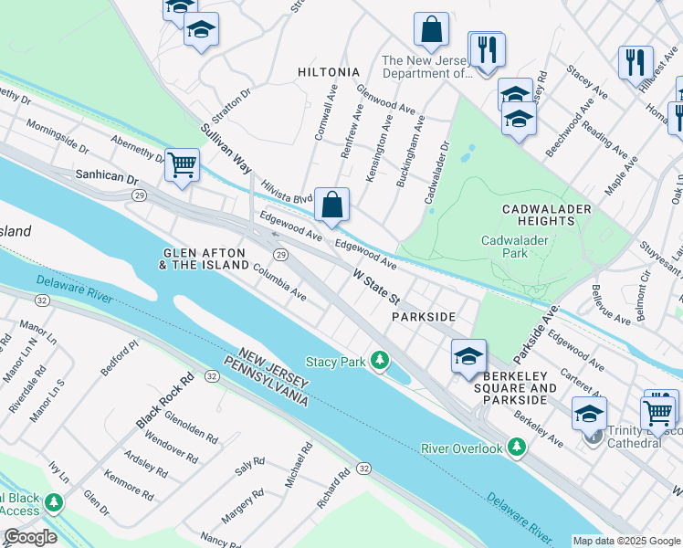map of restaurants, bars, coffee shops, grocery stores, and more near 1515 West State Street in Trenton