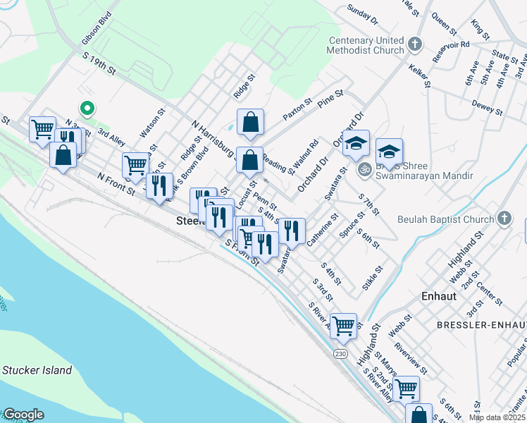 map of restaurants, bars, coffee shops, grocery stores, and more near 43 South 4th Street in Steelton