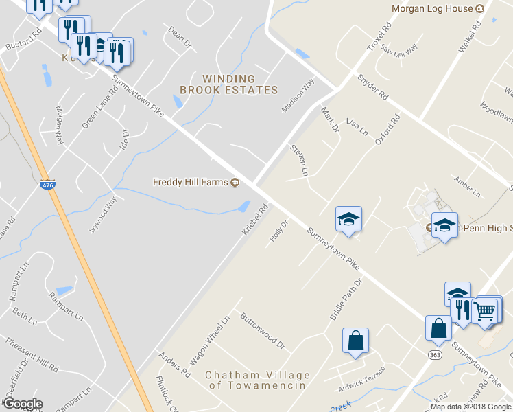 map of restaurants, bars, coffee shops, grocery stores, and more near 1508 Kriebel Road in Lansdale