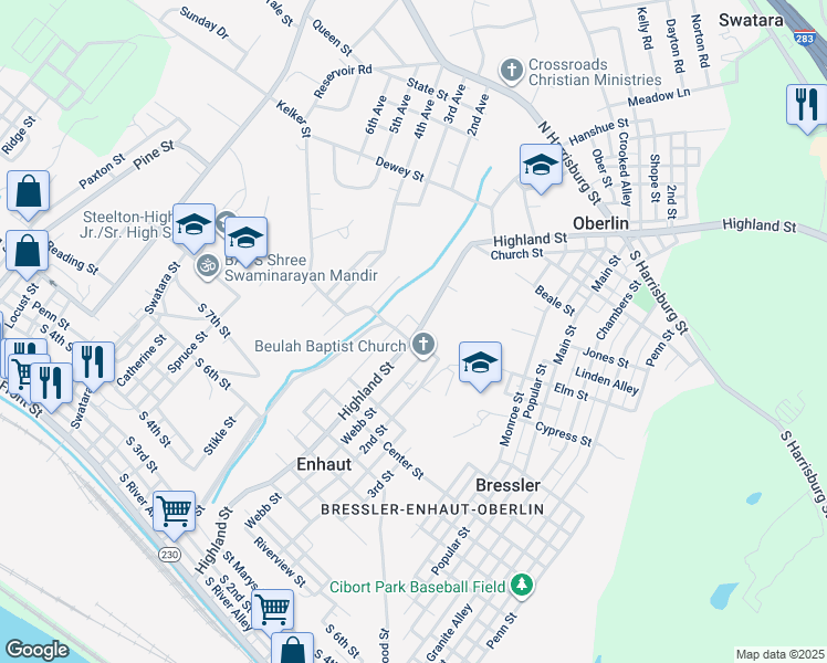 map of restaurants, bars, coffee shops, grocery stores, and more near 767 Highland Street in Steelton