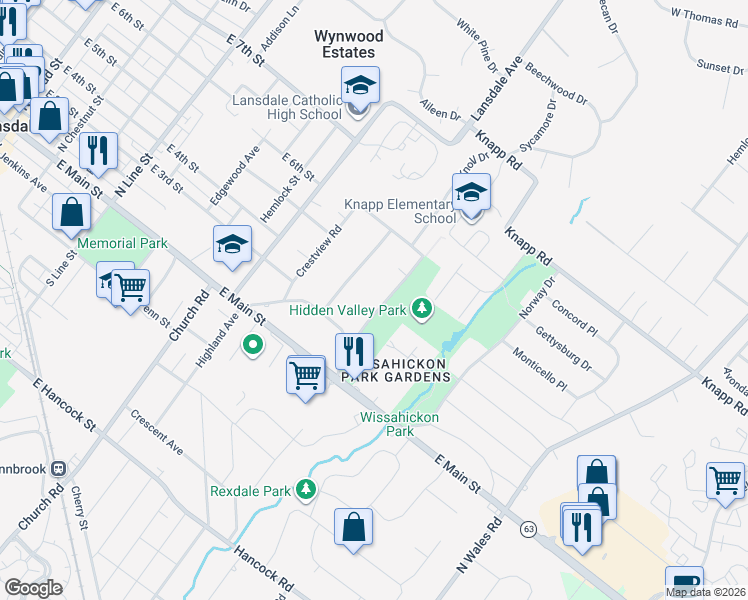 map of restaurants, bars, coffee shops, grocery stores, and more near 312 Greenwood Road in Lansdale