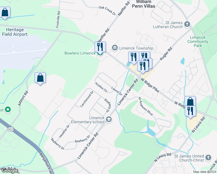 map of restaurants, bars, coffee shops, grocery stores, and more near 311 Laurel Drive in Royersford
