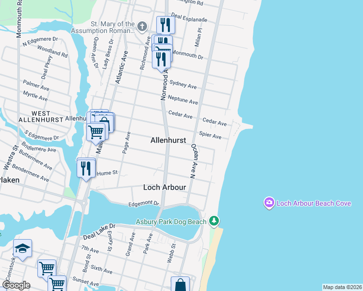 map of restaurants, bars, coffee shops, grocery stores, and more near 116 Corlies Avenue in Allenhurst