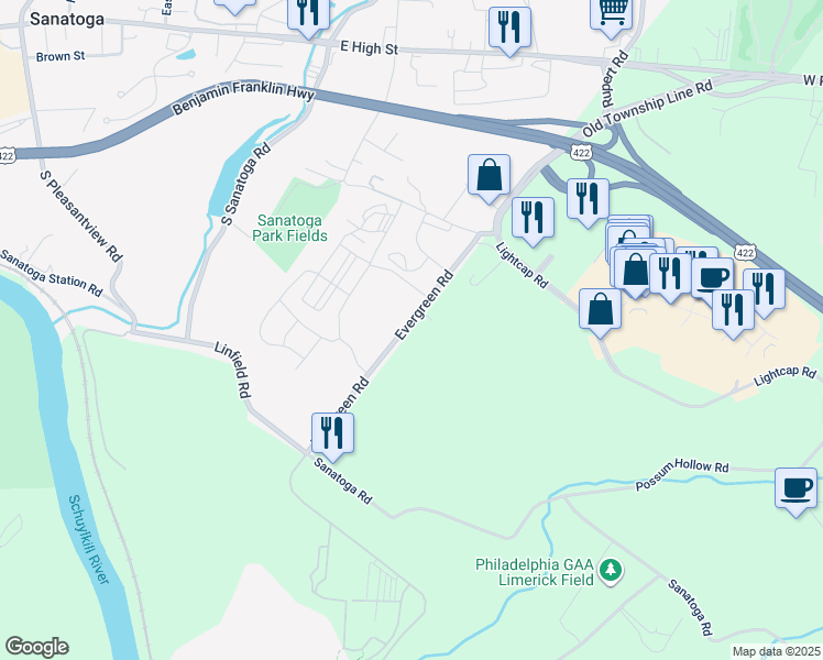 map of restaurants, bars, coffee shops, grocery stores, and more near 260 Evergreen Road in Pottstown