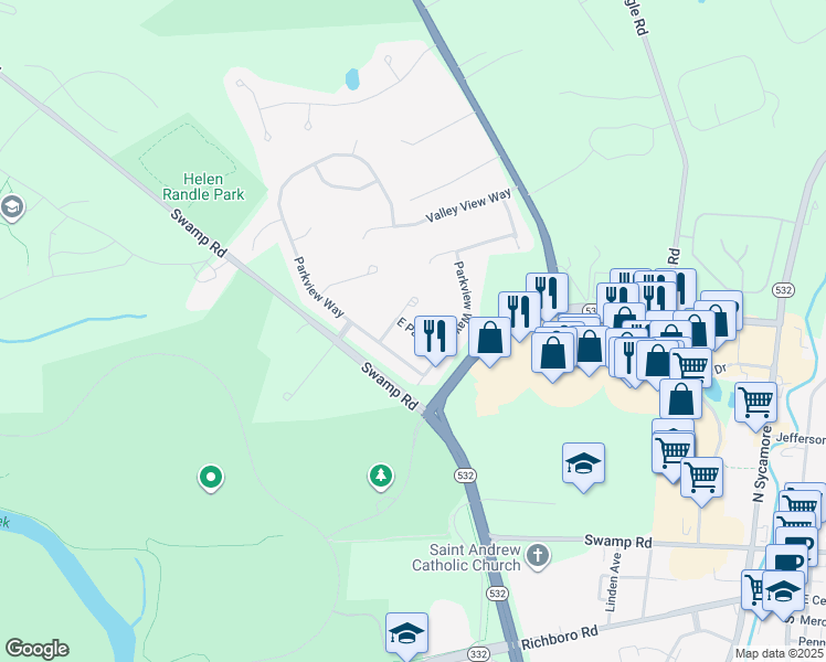 map of restaurants, bars, coffee shops, grocery stores, and more near 37 East Park Road in Newtown