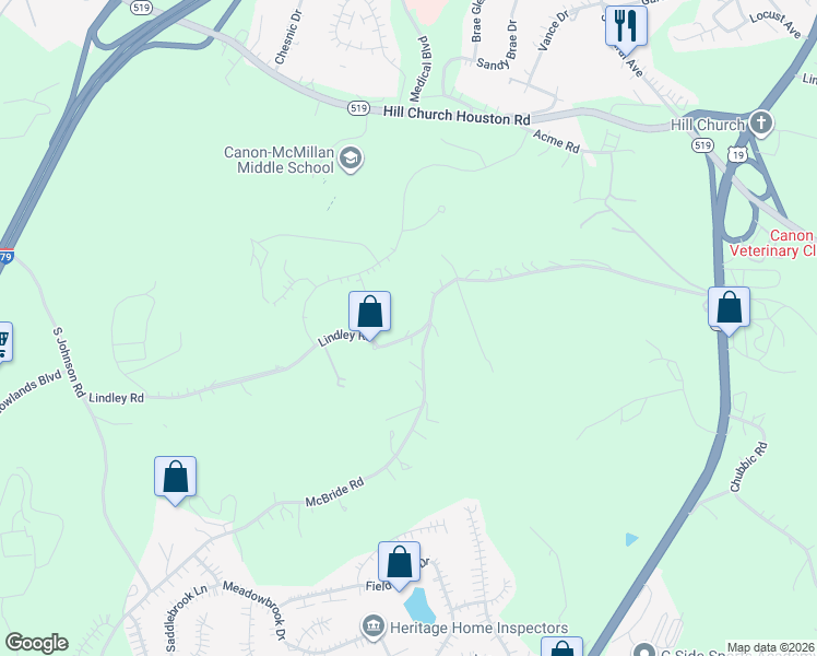 map of restaurants, bars, coffee shops, grocery stores, and more near 147 Lindley Road in Canonsburg
