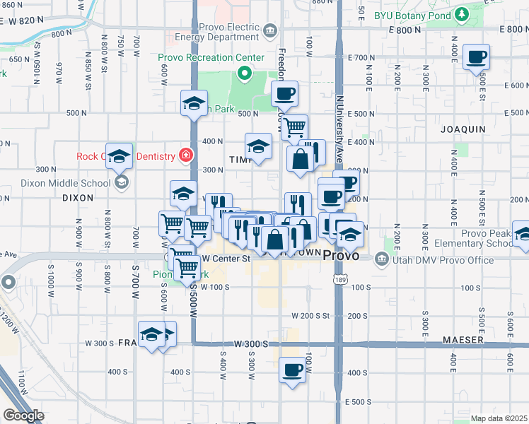 map of restaurants, bars, coffee shops, grocery stores, and more near 210 West 100 North in Provo