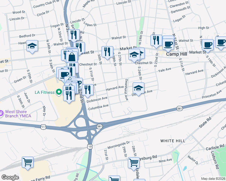 map of restaurants, bars, coffee shops, grocery stores, and more near 2909 Harvard Ave in Camp Hill