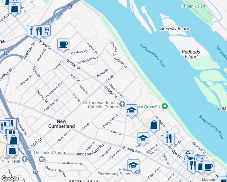 map of restaurants, bars, coffee shops, grocery stores, and more near 1531 Bridge Street in New Cumberland