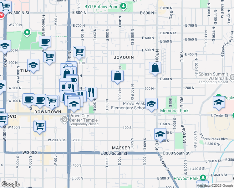 map of restaurants, bars, coffee shops, grocery stores, and more near 159 North 400 East in Provo