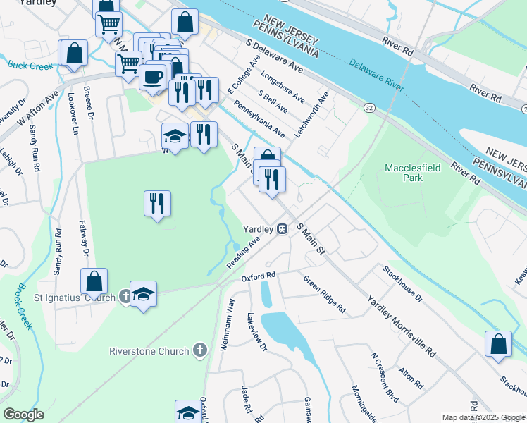 map of restaurants, bars, coffee shops, grocery stores, and more near 180 Harper Avenue in Yardley