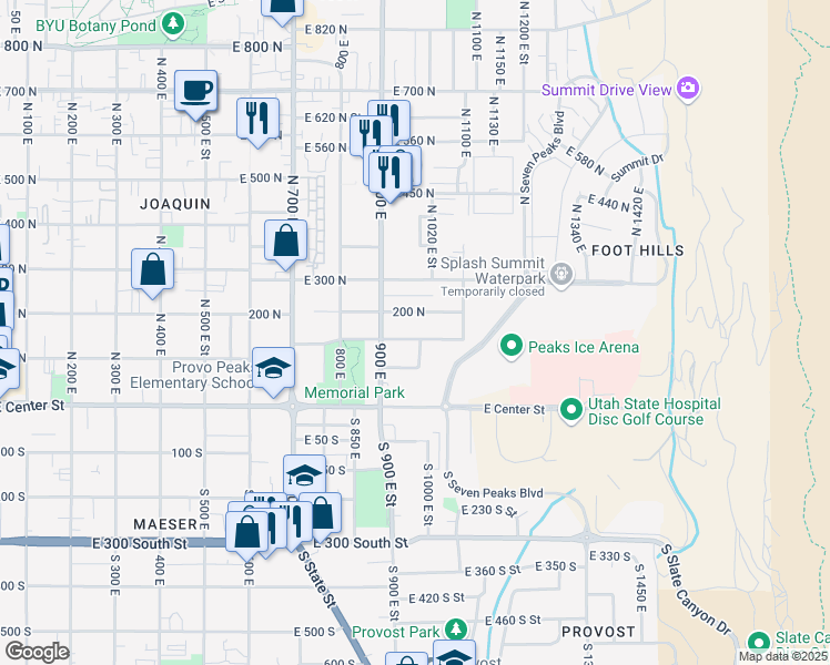 map of restaurants, bars, coffee shops, grocery stores, and more near 979 East 150 North in Provo