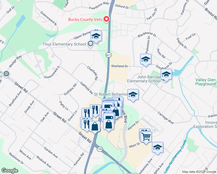 map of restaurants, bars, coffee shops, grocery stores, and more near 807 Easton Road in Warrington
