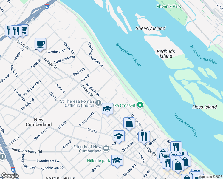 map of restaurants, bars, coffee shops, grocery stores, and more near 142 15th Street in New Cumberland