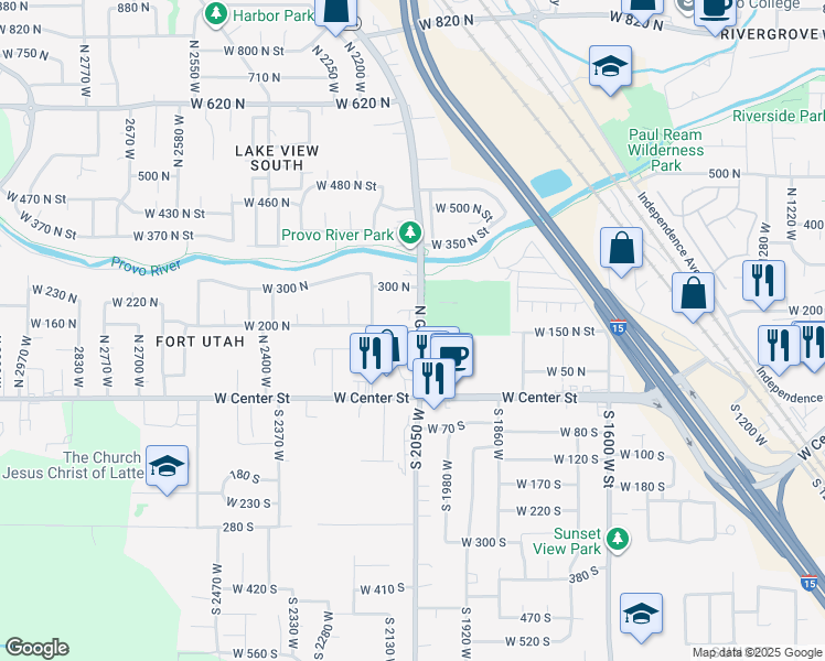 map of restaurants, bars, coffee shops, grocery stores, and more near 201 North Geneva Road in Provo