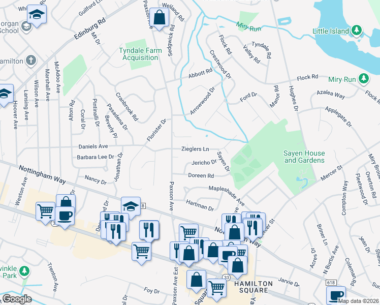 map of restaurants, bars, coffee shops, grocery stores, and more near 15 Zieglers Lane in Hamilton Township