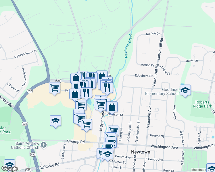 map of restaurants, bars, coffee shops, grocery stores, and more near 295 N Sycamore St in Newtown