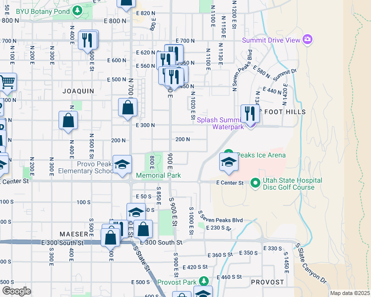 map of restaurants, bars, coffee shops, grocery stores, and more near 979 East 150 North in Provo
