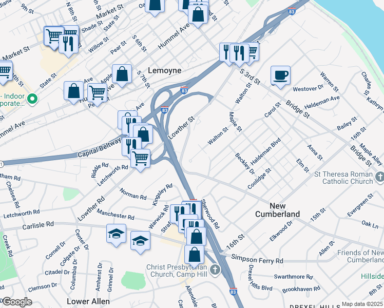 map of restaurants, bars, coffee shops, grocery stores, and more near 731 Walton Street in Lemoyne