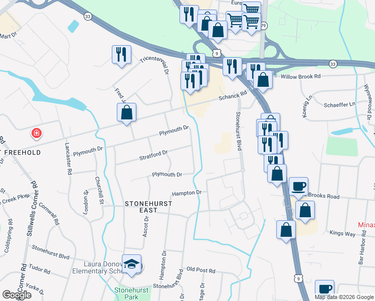 map of restaurants, bars, coffee shops, grocery stores, and more near 102 Stratford Drive in Freehold