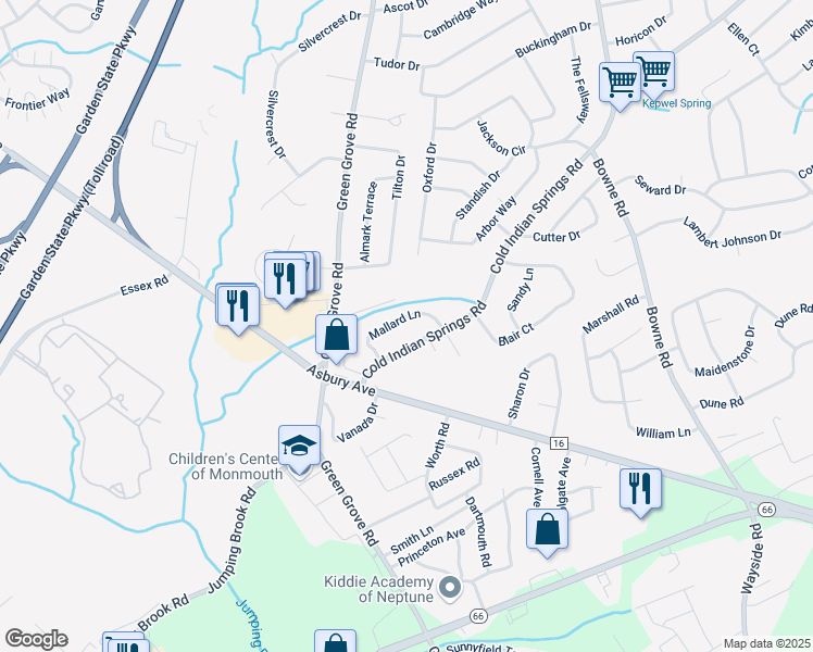 map of restaurants, bars, coffee shops, grocery stores, and more near 15 Mallard Lane in Monmouth County
