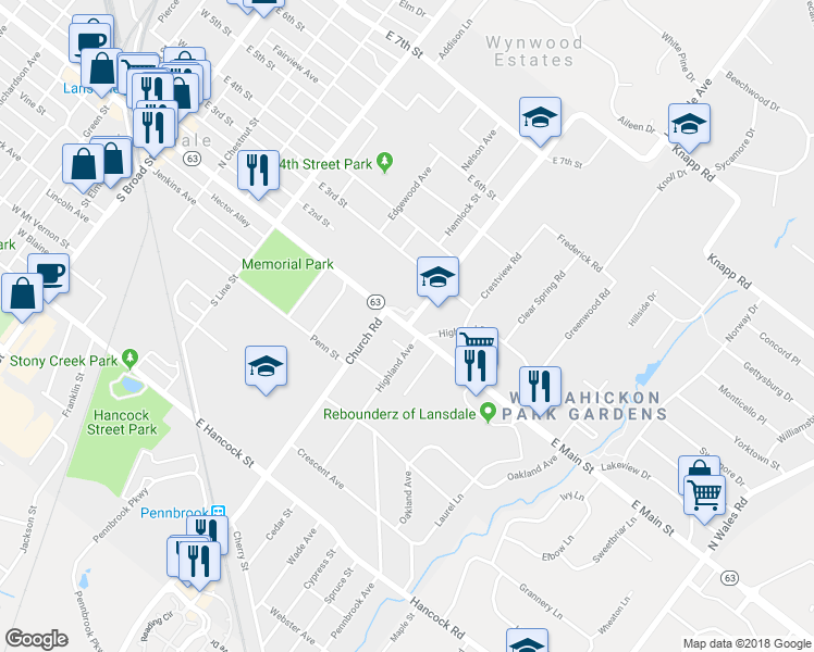 map of restaurants, bars, coffee shops, grocery stores, and more near 0 Lansdale Avenue in Lansdale