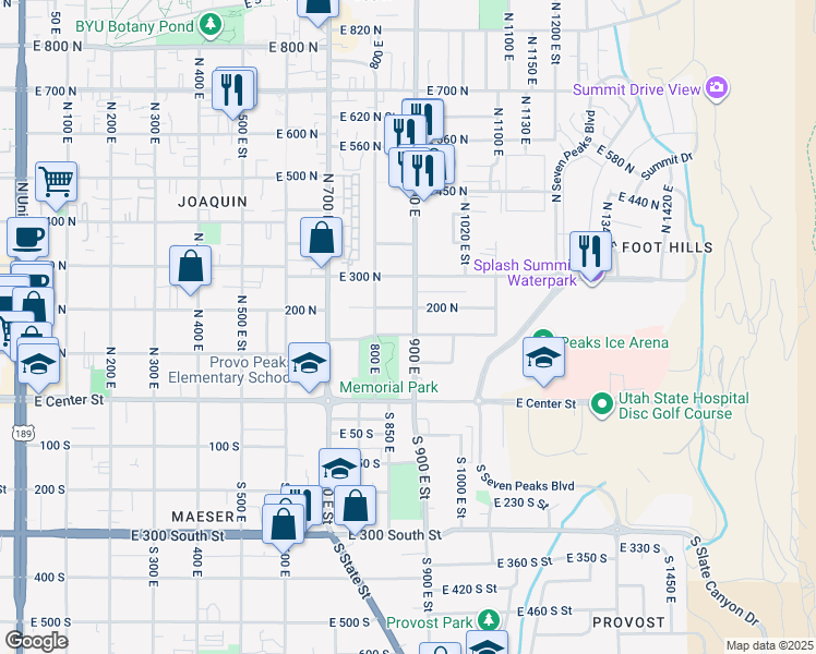 map of restaurants, bars, coffee shops, grocery stores, and more near 161 900 East in Provo