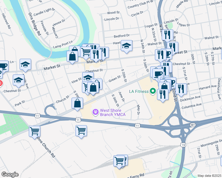 map of restaurants, bars, coffee shops, grocery stores, and more near 3514 Trindle Road in Camp Hill