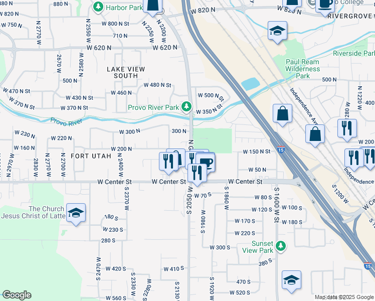 map of restaurants, bars, coffee shops, grocery stores, and more near 200 North Geneva Road in Provo