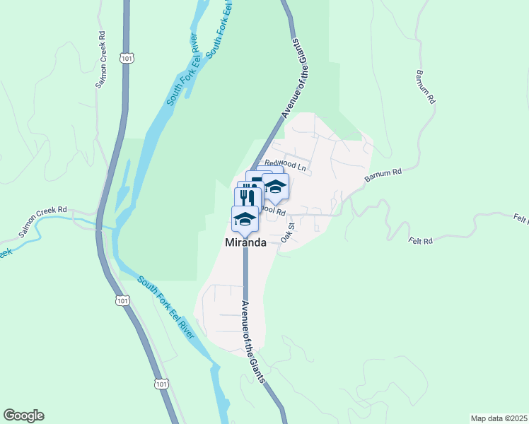 map of restaurants, bars, coffee shops, grocery stores, and more near 32 School Road in Miranda
