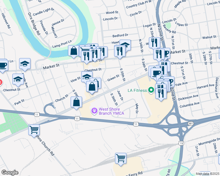 map of restaurants, bars, coffee shops, grocery stores, and more near 3514 Trindle Road in Camp Hill