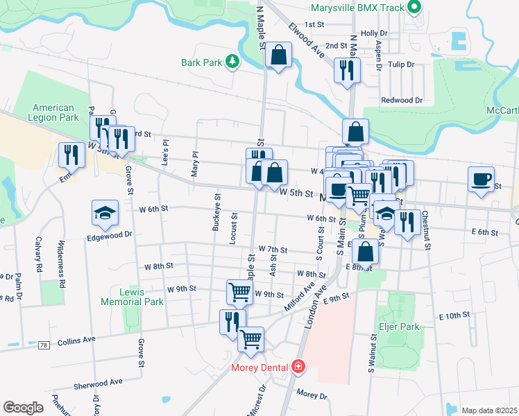 map of restaurants, bars, coffee shops, grocery stores, and more near 310 West 6th Street in Marysville