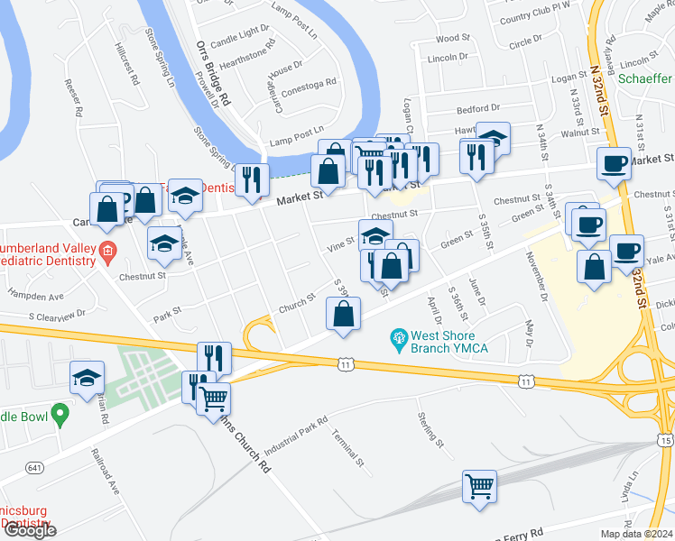 map of restaurants, bars, coffee shops, grocery stores, and more near 41 South 39th Street in Camp Hill