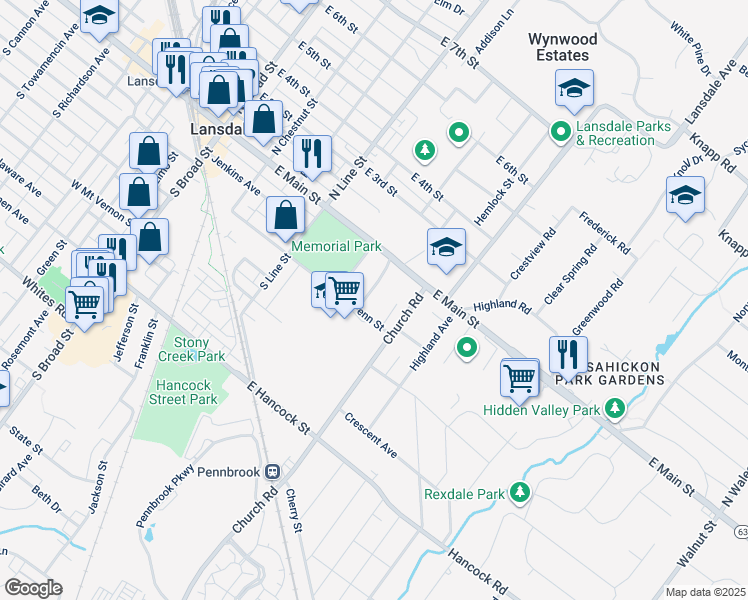 map of restaurants, bars, coffee shops, grocery stores, and more near 47 Woodland Drive in Lansdale