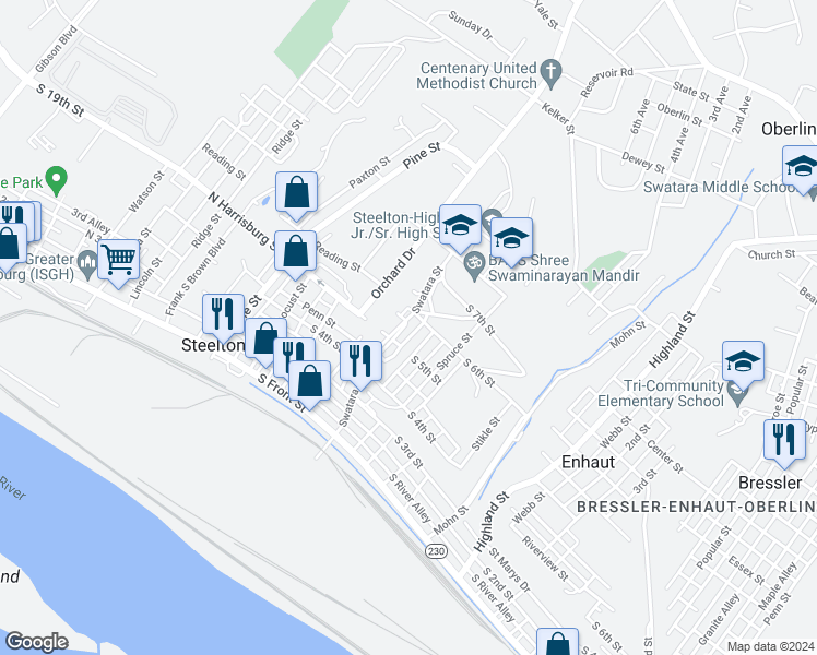 map of restaurants, bars, coffee shops, grocery stores, and more near 430 Swatara Street in Steelton