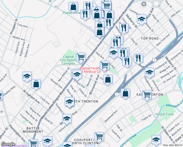 map of restaurants, bars, coffee shops, grocery stores, and more near 135 Miller Street in Trenton