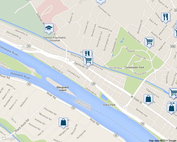 map of restaurants, bars, coffee shops, grocery stores, and more near 1515 West State Street in Trenton