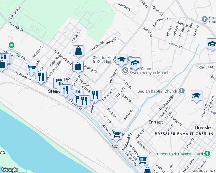map of restaurants, bars, coffee shops, grocery stores, and more near 430 Swatara Street in Steelton