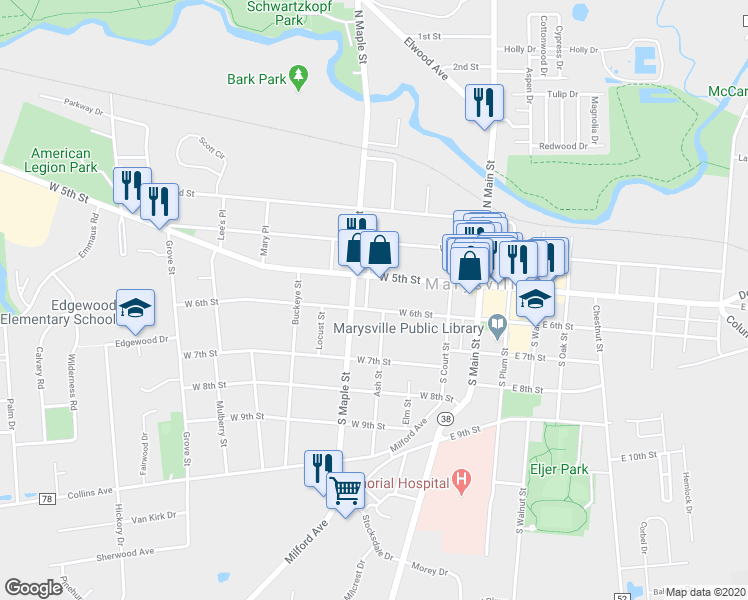 map of restaurants, bars, coffee shops, grocery stores, and more near 310 West 6th Street in Marysville