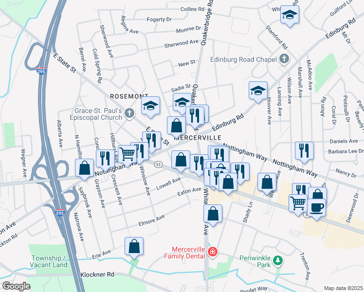 map of restaurants, bars, coffee shops, grocery stores, and more near 2663 Nottingham Way in Hamilton Township