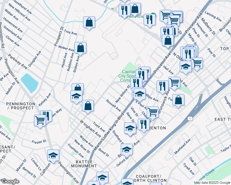 map of restaurants, bars, coffee shops, grocery stores, and more near 141 Kirkbride Avenue in Trenton
