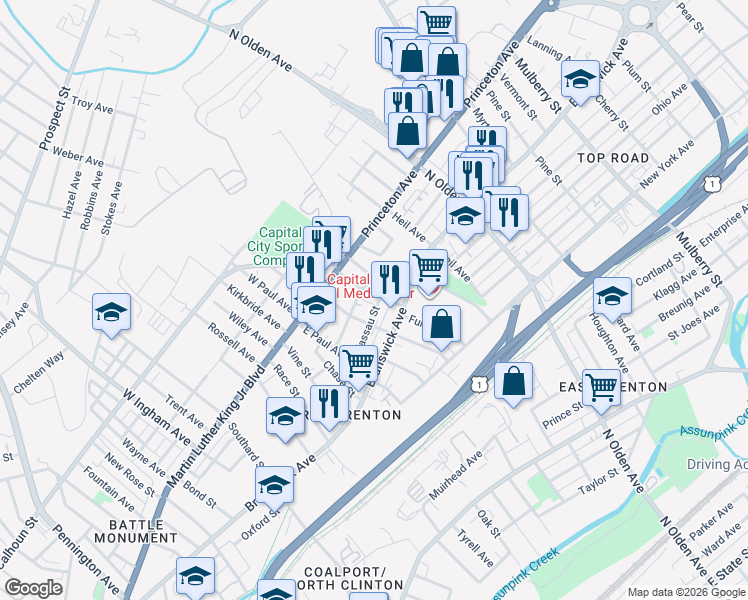 map of restaurants, bars, coffee shops, grocery stores, and more near 135 Miller Street in Trenton