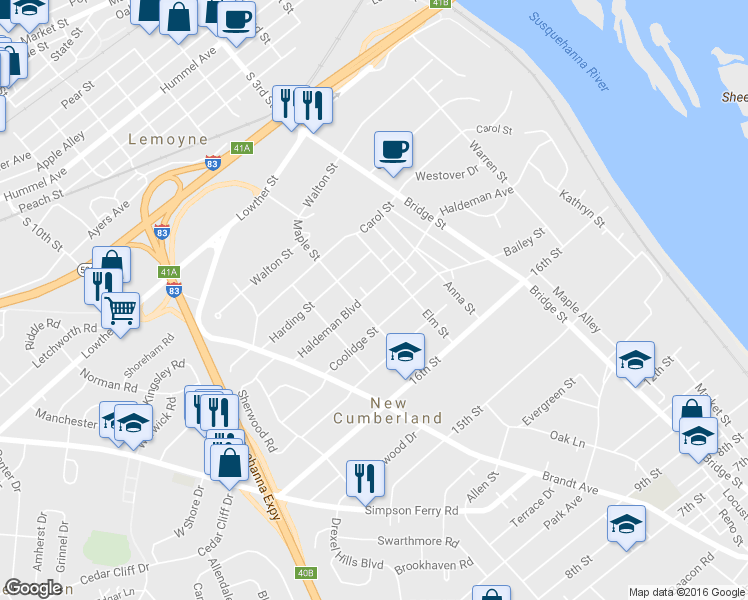 map of restaurants, bars, coffee shops, grocery stores, and more near 510 Haldeman Boulevard in New Cumberland