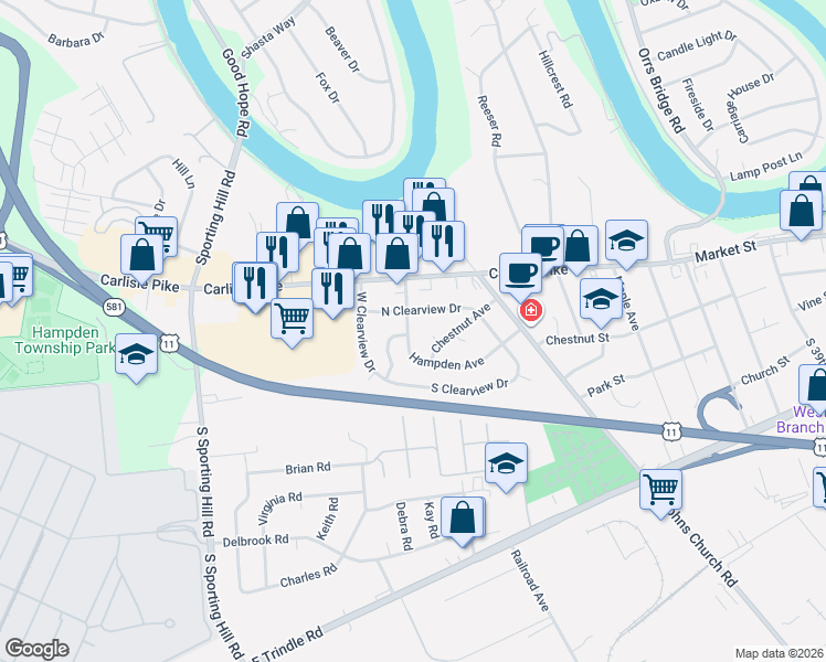 map of restaurants, bars, coffee shops, grocery stores, and more near 103 Hampden Avenue in Camp Hill