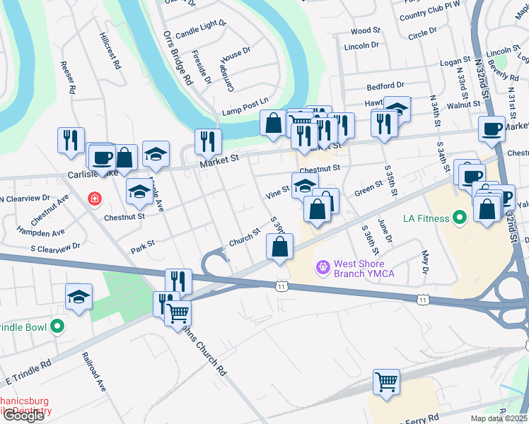 map of restaurants, bars, coffee shops, grocery stores, and more near 40 South 39th Street in Camp Hill